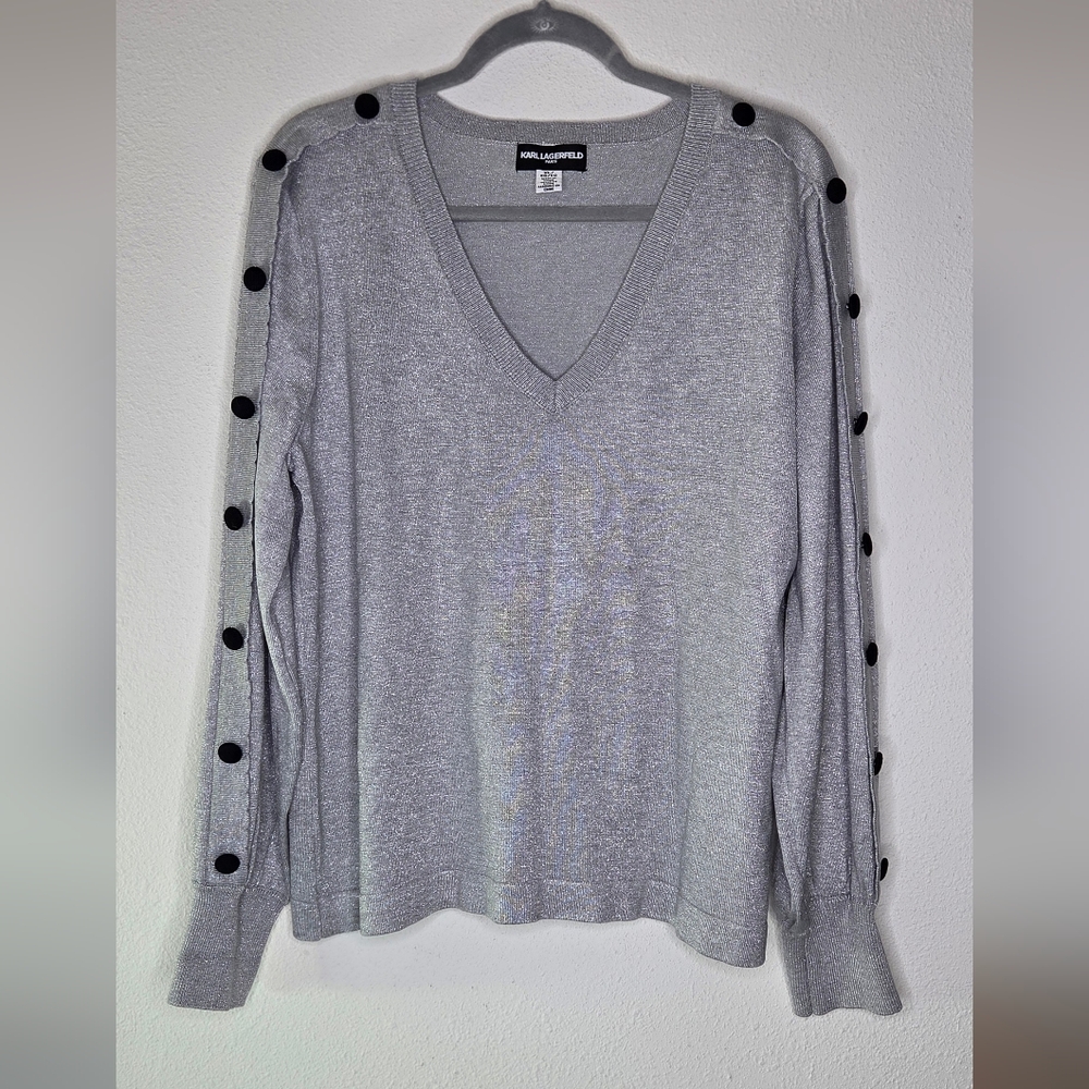 KARL LAGERFELD PARIS Button Sleeve V-Neck Sweater - Size XL
